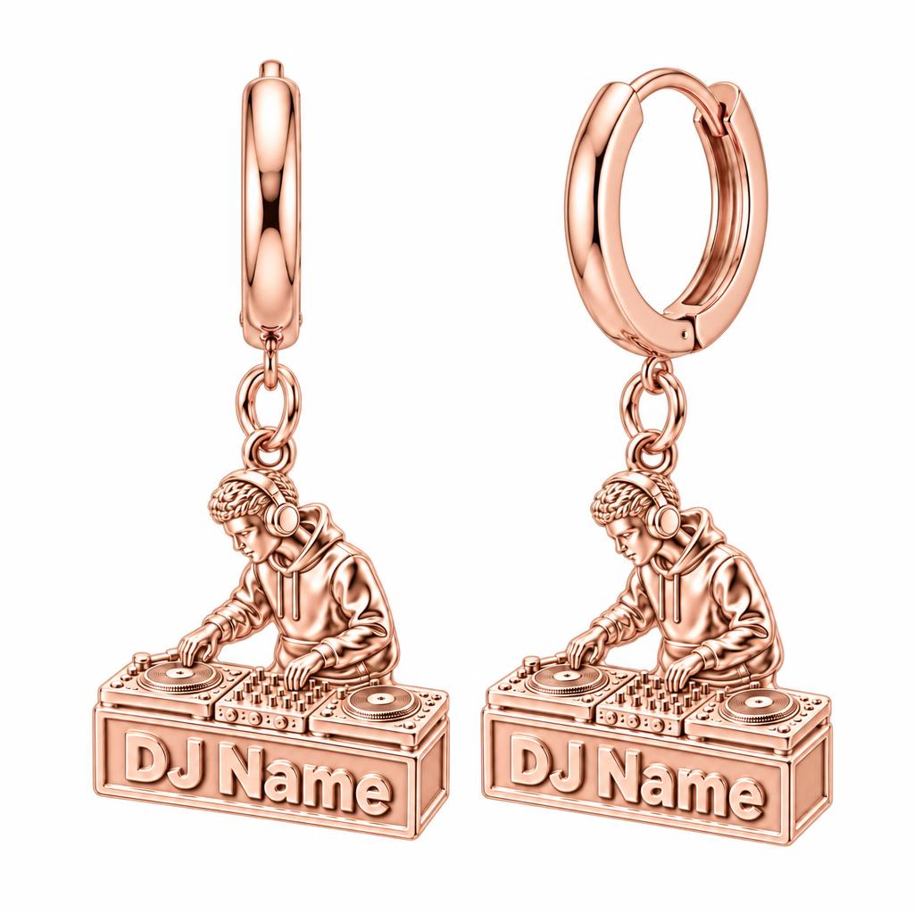 Rhythm and Flow DJ Booth Huggie Charm Earrings – rose gold, front view
