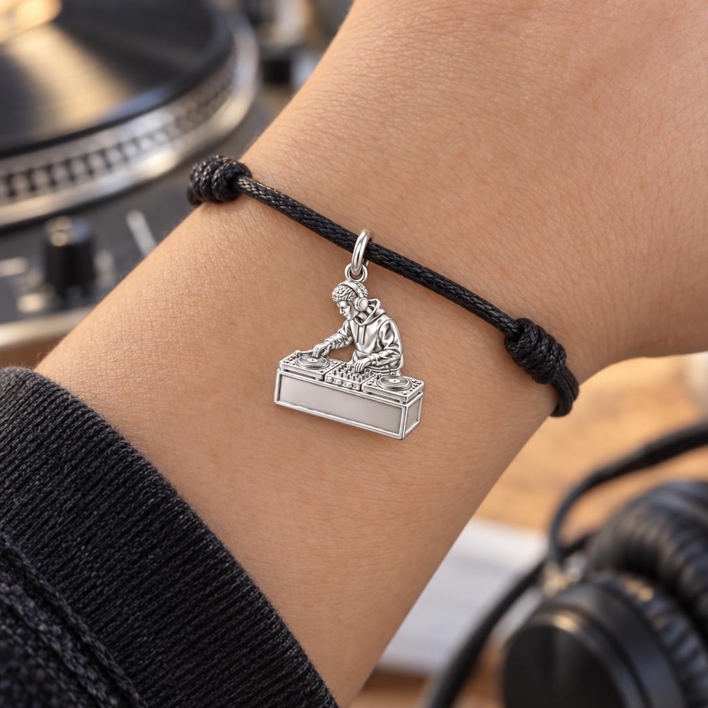 Rhythm and Flow DJ Charm Bracelet – Personalized Artist Gift – worn on the wrist on a black cord bracelet