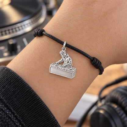 Rhythm and Flow DJ Charm Bracelet – Personalized Artist Gift – worn on the wrist on a black cord bracelet