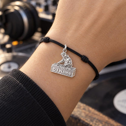 Rhythm and Flow DJ Charm Bracelet – Personalized Artist Gift – worn on the wrist on a black cord bracelet