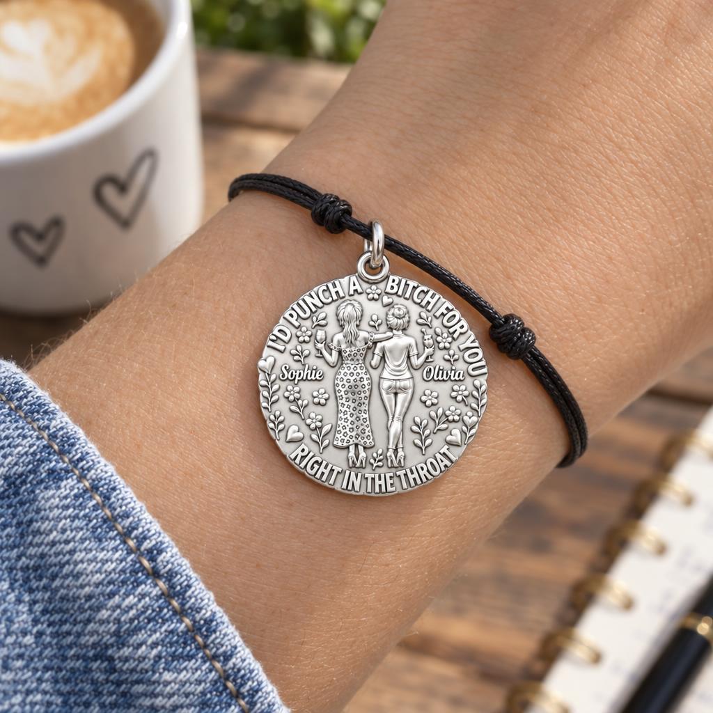 Ride or Die Bestie Charm Bracelet – Personalized Best Friend Gift – worn on the wrist on a black cord bracelet
