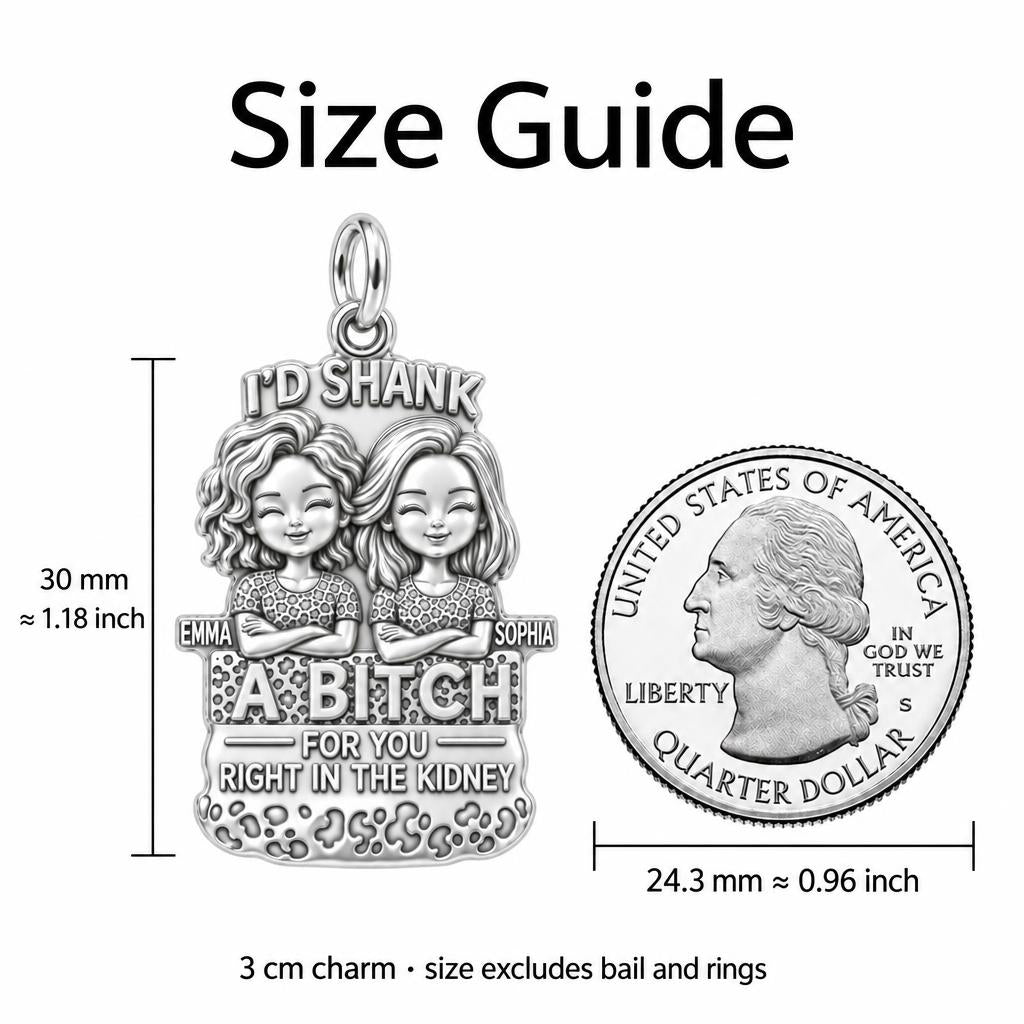 Ride or Die Bestie Charm Bracelet – Personalized Friend Gift – size guide, 3 cm charm next to a quarter