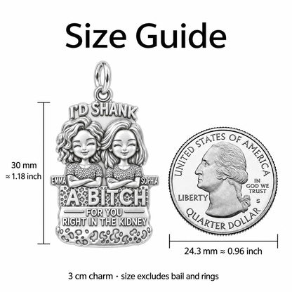 Ride or Die Bestie Charm Bracelet – Personalized Friend Gift – size guide, 3 cm charm next to a quarter