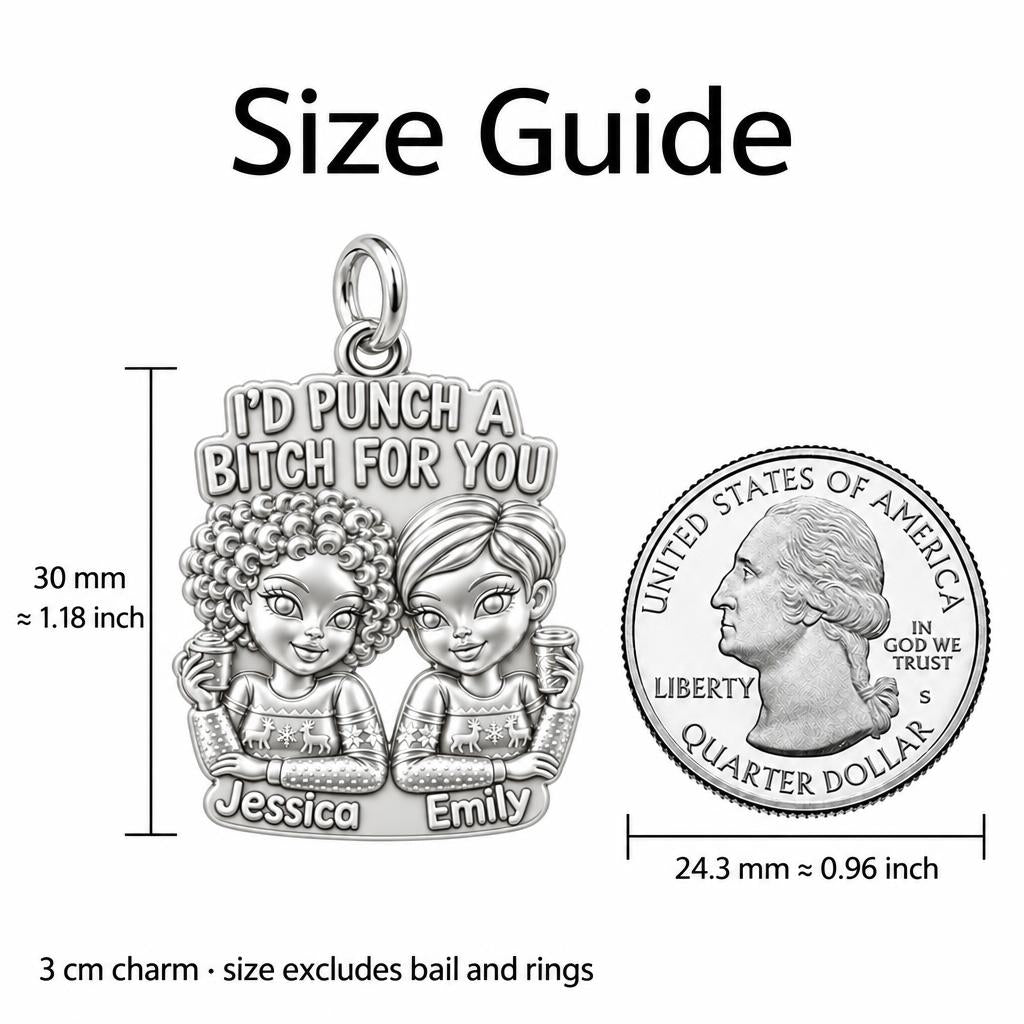 Ride or Die Bestie Charm Bracelet – Personalized Friend Gift – size guide, 3 cm charm next to a quarter