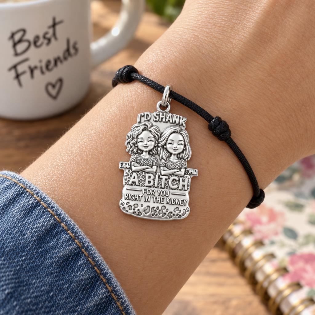 Ride or Die Bestie Charm Bracelet – Personalized Friend Gift – worn on the wrist on a black cord bracelet
