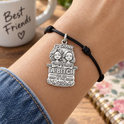 Ride or Die Bestie Charm Bracelet – Personalized Friend Gift – worn on the wrist on a black cord bracelet