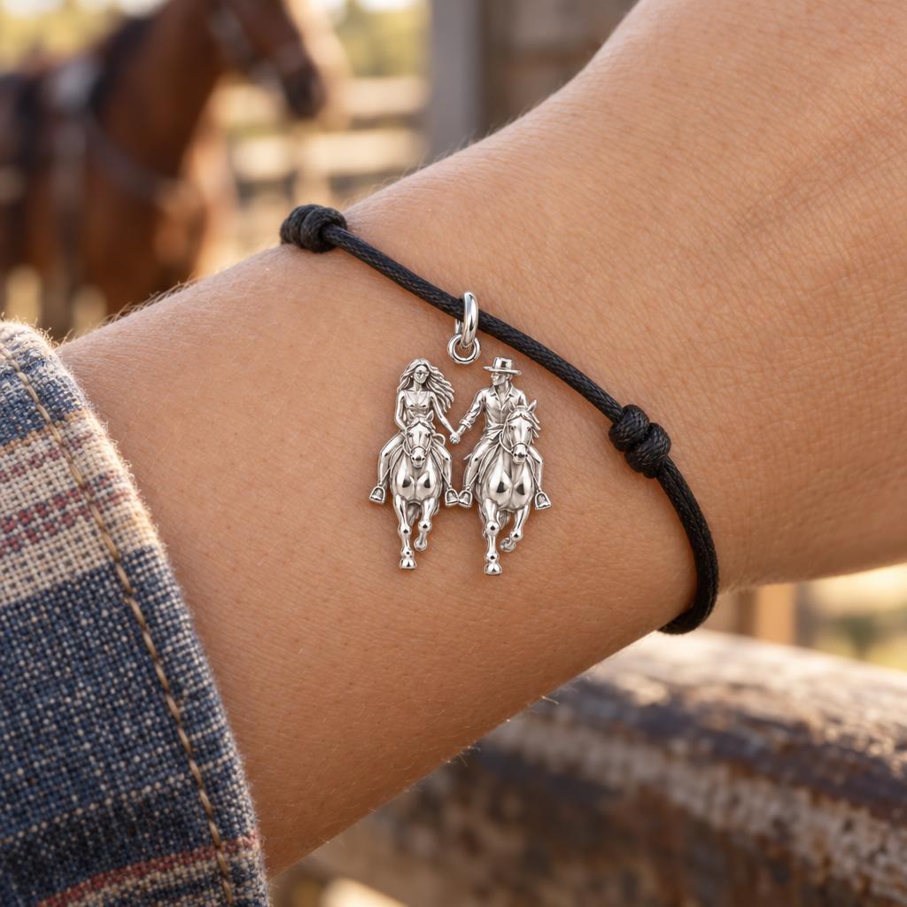 Riding Together Charm Bracelet – Personalized Couple Gift – worn on the wrist on a black cord bracelet