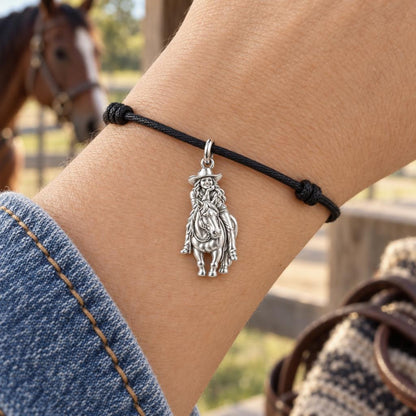 Riding Together Charm Bracelet – Personalized Horse Lover Gift – worn on the wrist on a black cord bracelet