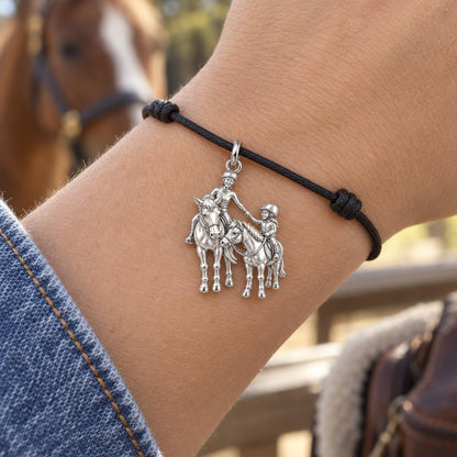 Riding Together Charm Bracelet – Personalized Horse Lover Gift – worn on the wrist on a black cord bracelet