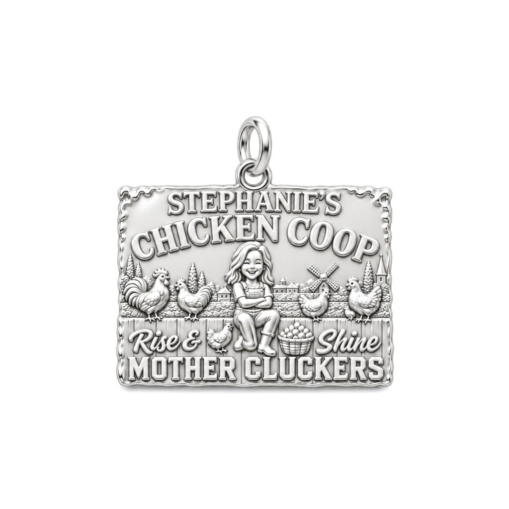 Rise and Shine Chicken Coop Charm Bracelet – Personalized Mom Gift – silver plated 3 cm charm, front view