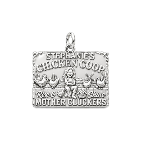 Rise and Shine Chicken Coop Charm Bracelet – Personalized Mom Gift – silver plated 3 cm charm, front view