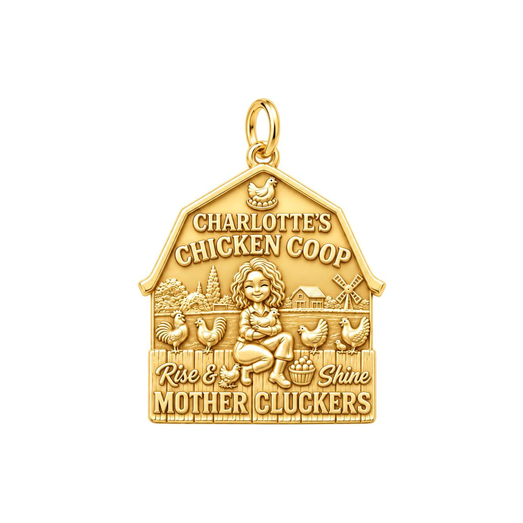 Rise and Shine Chicken Coop Charm Bracelet – Personalized Mom Gift – 18K gold plated 3 cm charm, front view