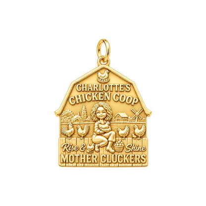 Rise and Shine Chicken Coop Charm Bracelet – Personalized Mom Gift – 18K gold plated 3 cm charm, front view