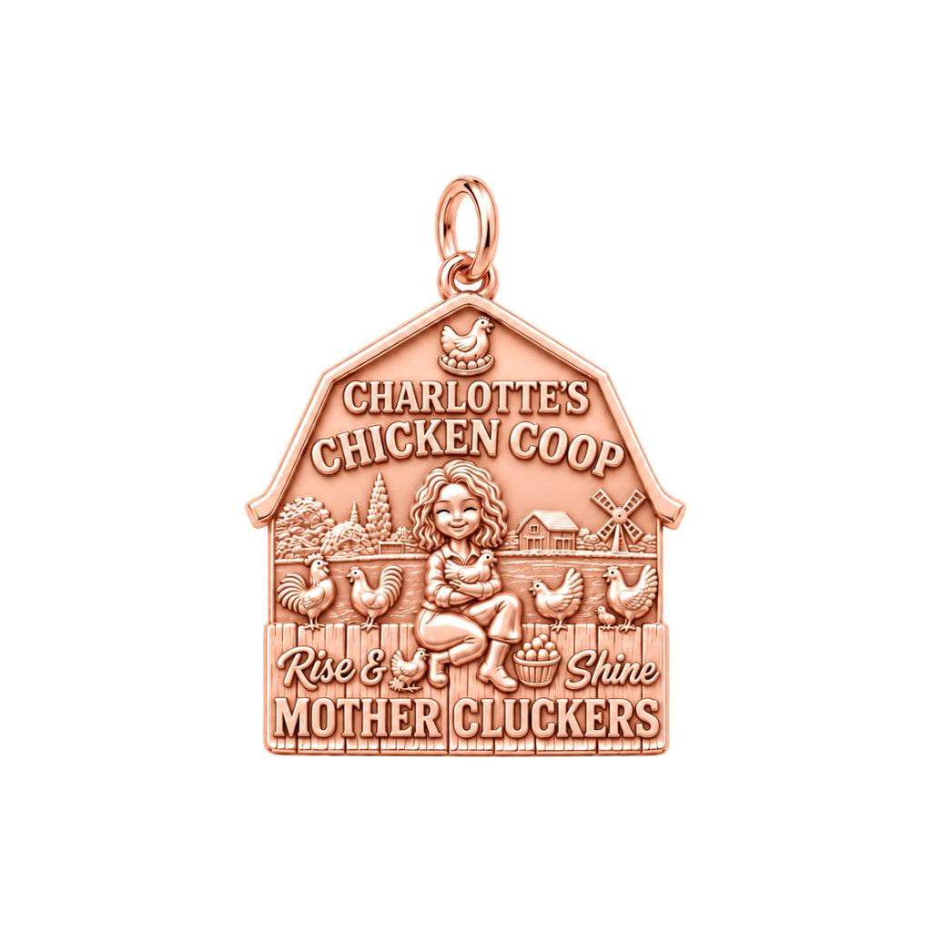 Rise and Shine Chicken Coop Charm Bracelet – Personalized Mom Gift – rose gold 3 cm charm, front view