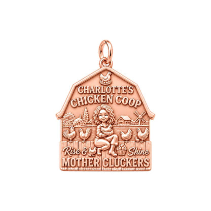 Rise and Shine Chicken Coop Charm Bracelet – Personalized Mom Gift – rose gold 3 cm charm, front view