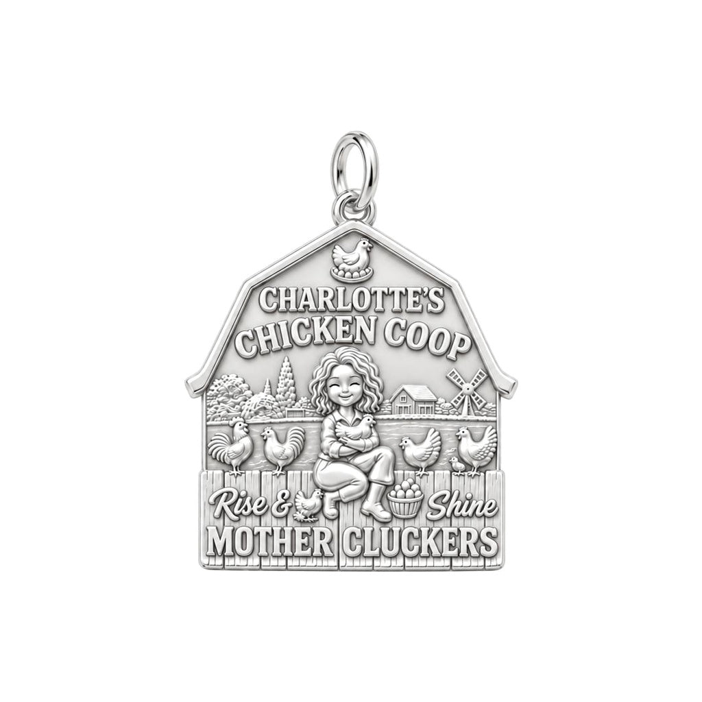 Rise and Shine Chicken Coop Charm Bracelet – Personalized Mom Gift – silver plated 3 cm charm, front view