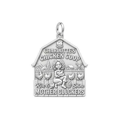 Rise and Shine Chicken Coop Charm Bracelet – Personalized Mom Gift – silver plated 3 cm charm, front view