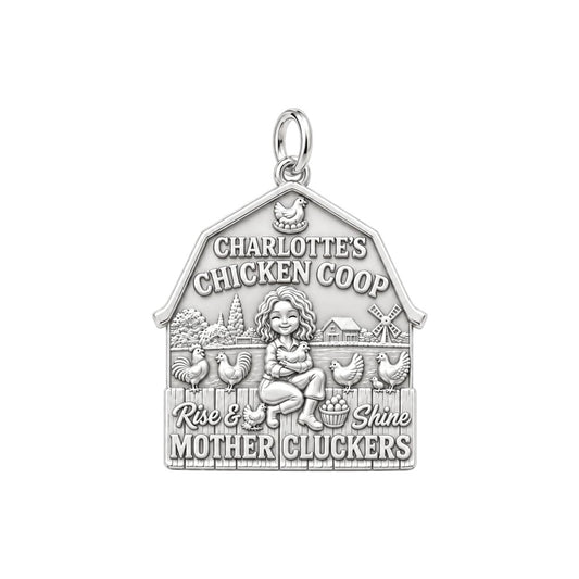 Rise and Shine Chicken Coop Charm Bracelet – Personalized Mom Gift – silver plated 3 cm charm, front view