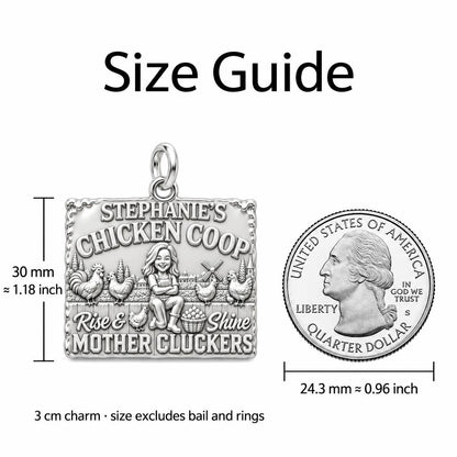 Rise and Shine Chicken Coop Charm Bracelet – Personalized Mom Gift – size guide, 3 cm charm next to a quarter