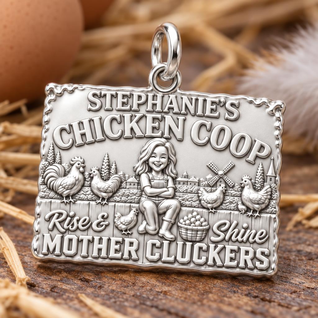 Rise and Shine Chicken Coop Charm Bracelet – Personalized Mom Gift – macro detail of the charm