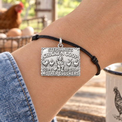 Rise and Shine Chicken Coop Charm Bracelet – Personalized Mom Gift – worn on the wrist on a black cord bracelet