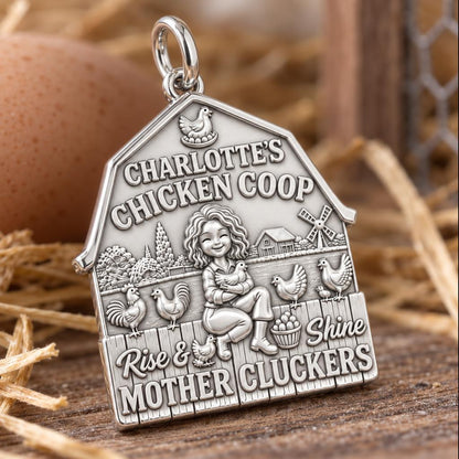 Rise and Shine Chicken Coop Charm Bracelet – Personalized Mom Gift – macro detail of the charm