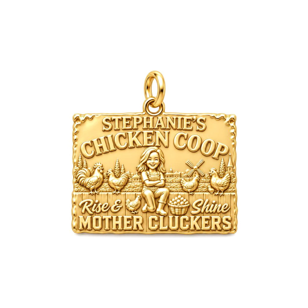 Rise and Shine Chicken Coop Charm Bracelet – Personalized Mom Gift – 18K gold plated 3 cm charm, front view