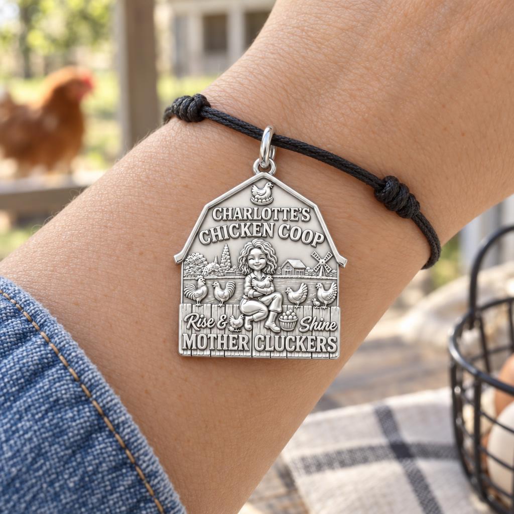 Rise and Shine Chicken Coop Charm Bracelet – Personalized Mom Gift – worn on the wrist on a black cord bracelet