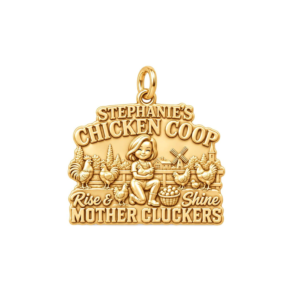 Rise & Shine Chicken Coop Charm Bracelet – Personalized Mom Gift – 18K gold plated 3 cm charm, front view
