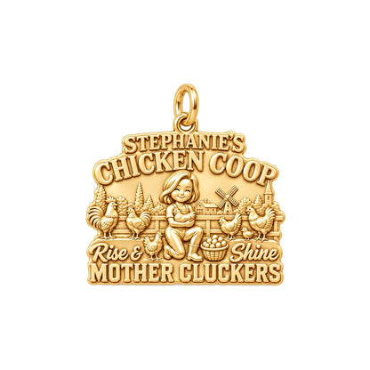 Rise & Shine Chicken Coop Charm Bracelet – Personalized Mom Gift – 18K gold plated 3 cm charm, front view