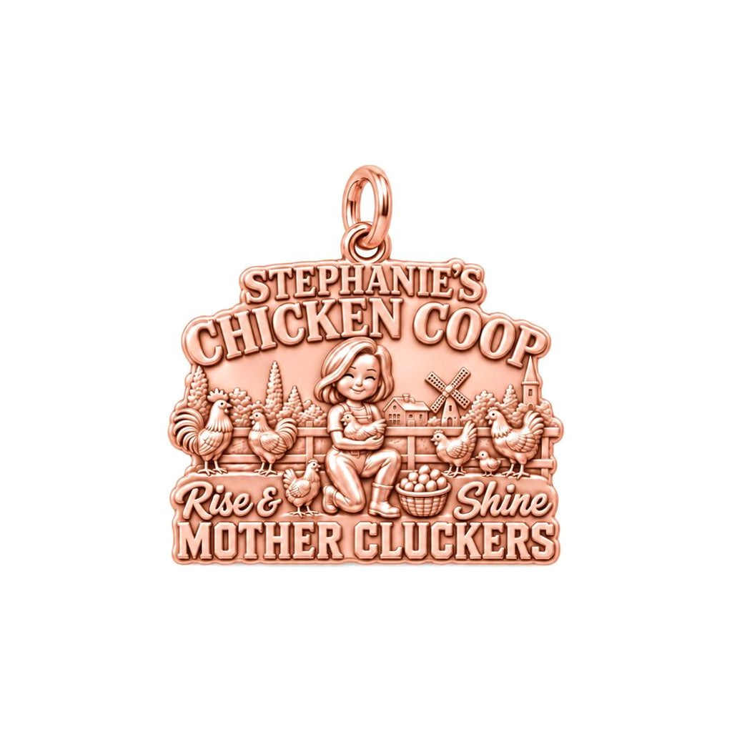 Rise & Shine Chicken Coop Charm Bracelet – Personalized Mom Gift – rose gold 3 cm charm, front view