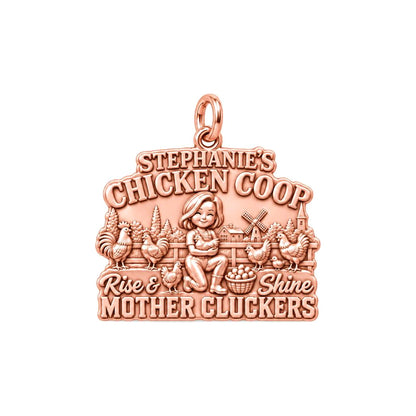 Rise & Shine Chicken Coop Charm Bracelet – Personalized Mom Gift – rose gold 3 cm charm, front view