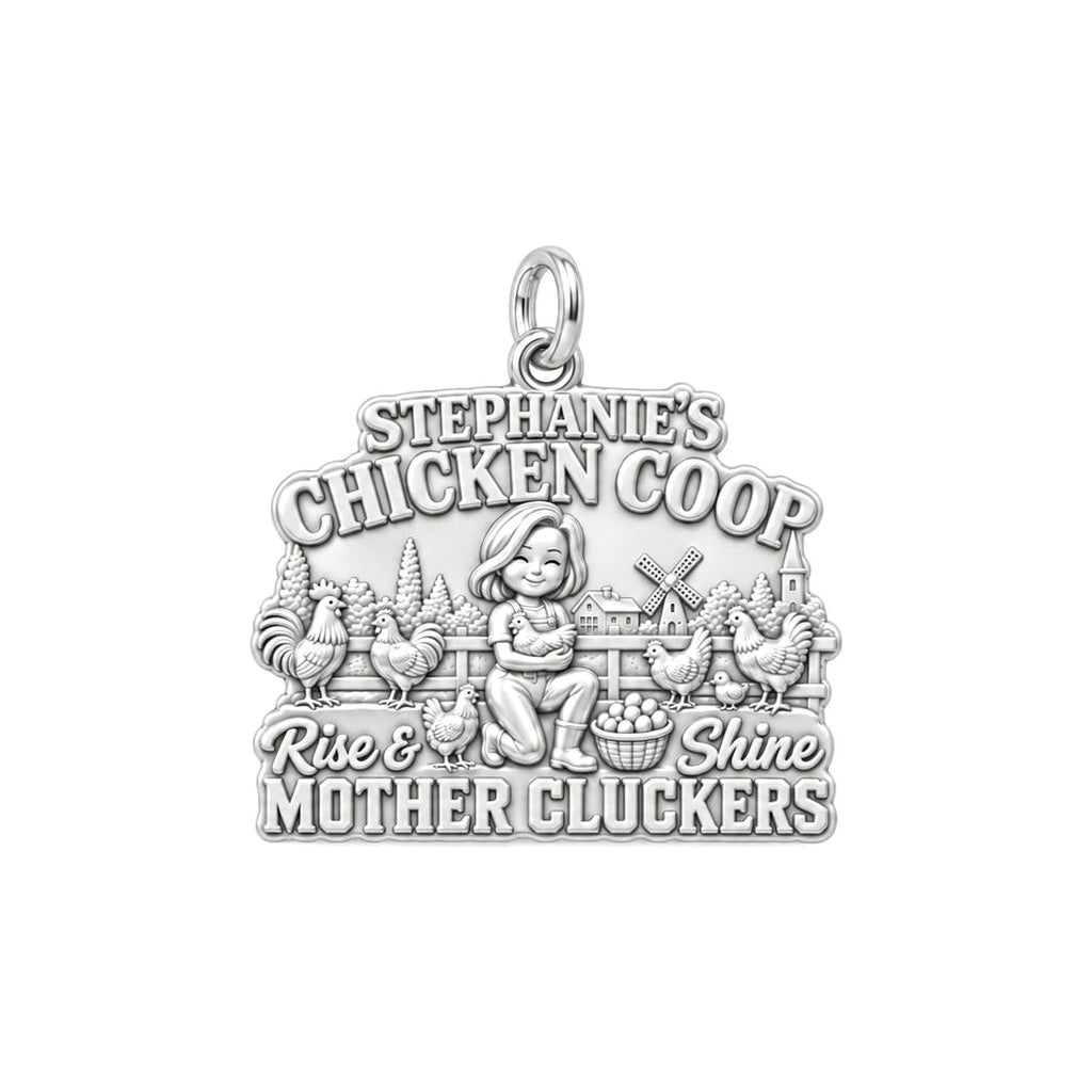 Rise & Shine Chicken Coop Charm Bracelet – Personalized Mom Gift – silver plated 3 cm charm, front view