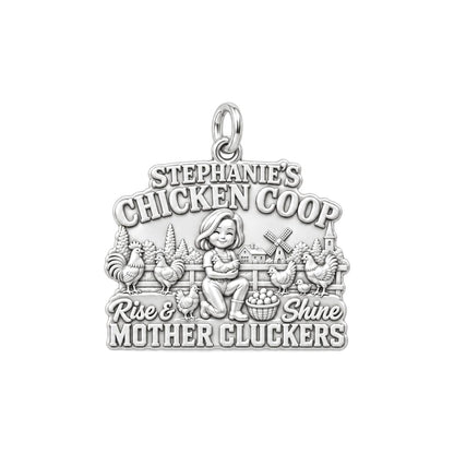 Rise & Shine Chicken Coop Charm Bracelet – Personalized Mom Gift – silver plated 3 cm charm, front view