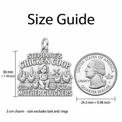 Rise & Shine Chicken Coop Charm Bracelet – Personalized Mom Gift – size guide, 3 cm charm next to a quarter