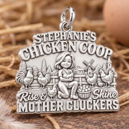 Rise & Shine Chicken Coop Charm Bracelet – Personalized Mom Gift – macro detail of the charm