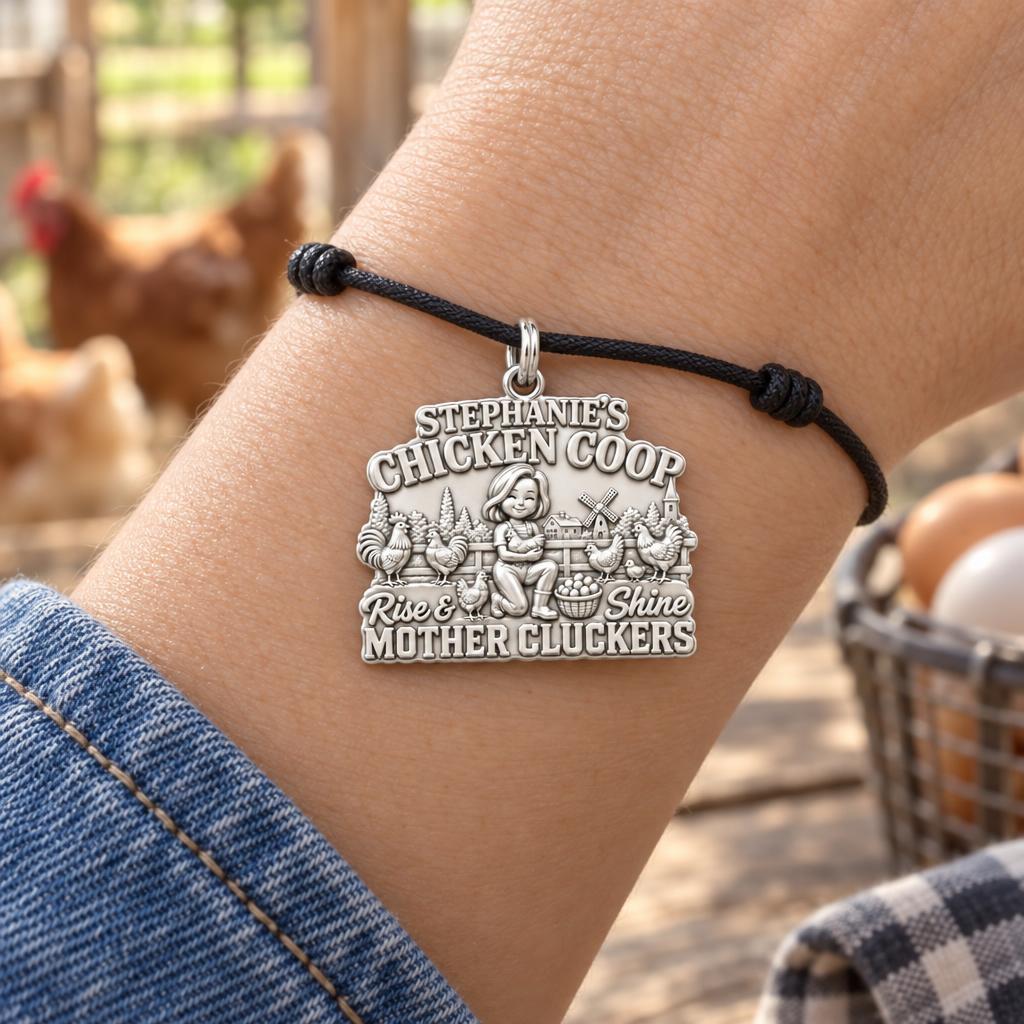 Rise & Shine Chicken Coop Charm Bracelet – Personalized Mom Gift – worn on the wrist on a black cord bracelet