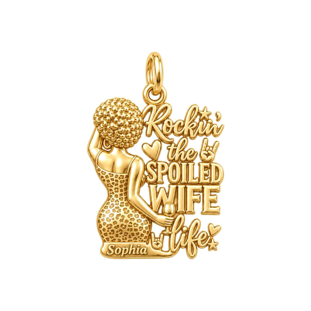Rockin' Spoiled Wife Life Charm Bracelet – Personalized Wife Gift – 18K gold plated 3 cm charm, front view