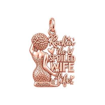 Rockin' Spoiled Wife Life Charm Bracelet – Personalized Wife Gift – rose gold 3 cm charm, front view
