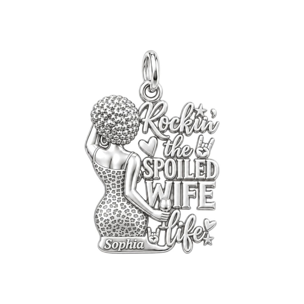 Rockin' Spoiled Wife Life Charm Bracelet – Personalized Wife Gift – silver plated 3 cm charm, front view