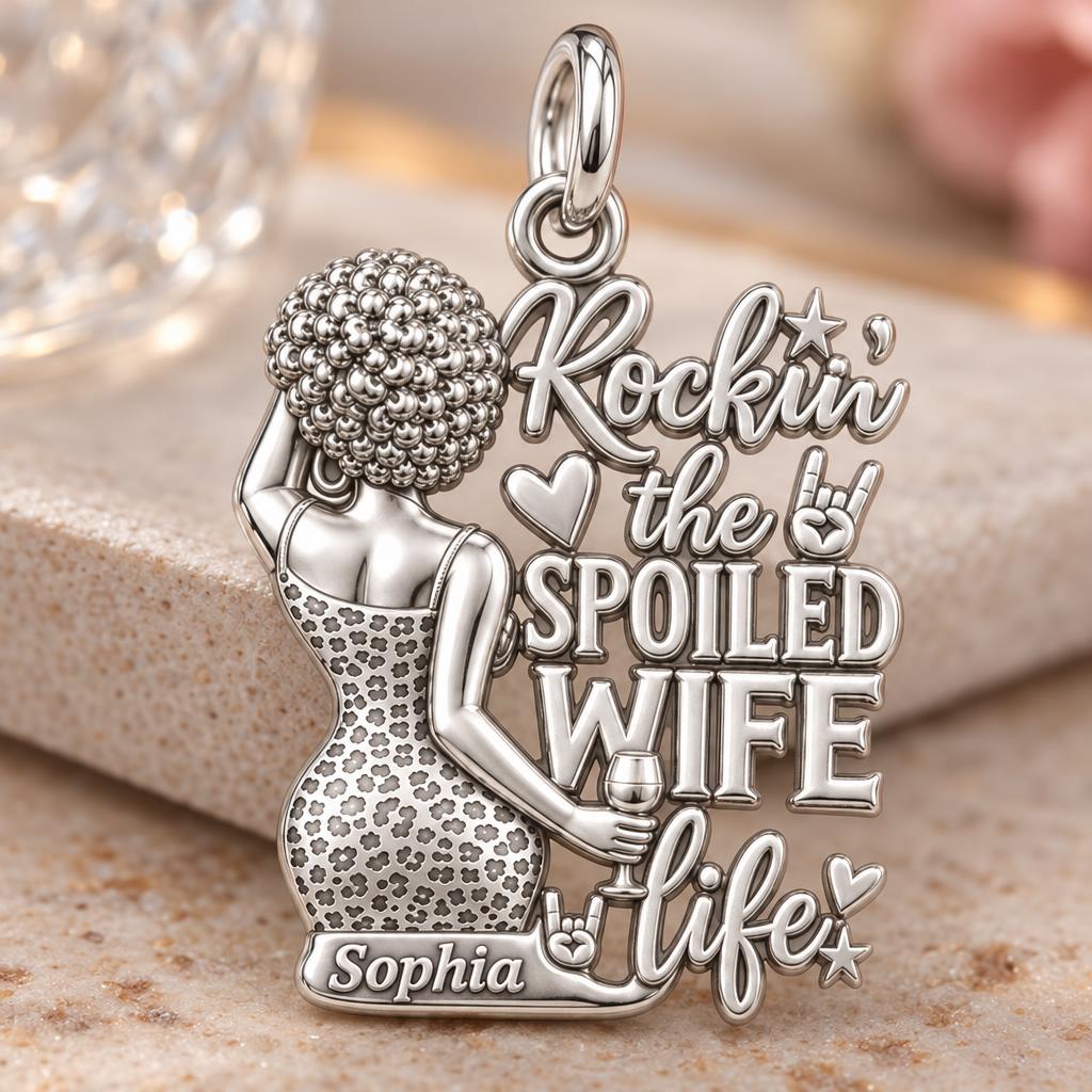 Rockin' Spoiled Wife Life Charm Bracelet – Personalized Wife Gift – macro detail of the charm