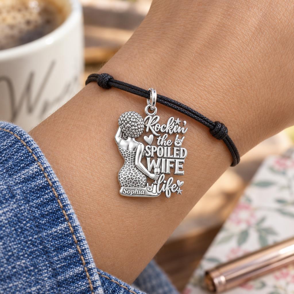 Rockin' Spoiled Wife Life Charm Bracelet – Personalized Wife Gift – worn on the wrist on a black cord bracelet
