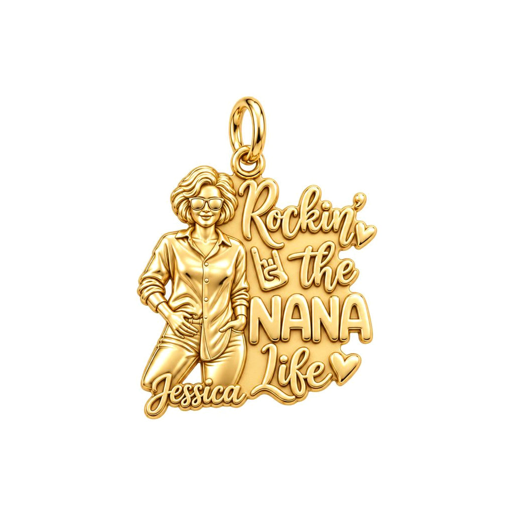 Rockin' The Life Charm Bracelet – Personalized Nana Gift – 18K gold plated 3 cm charm, front view