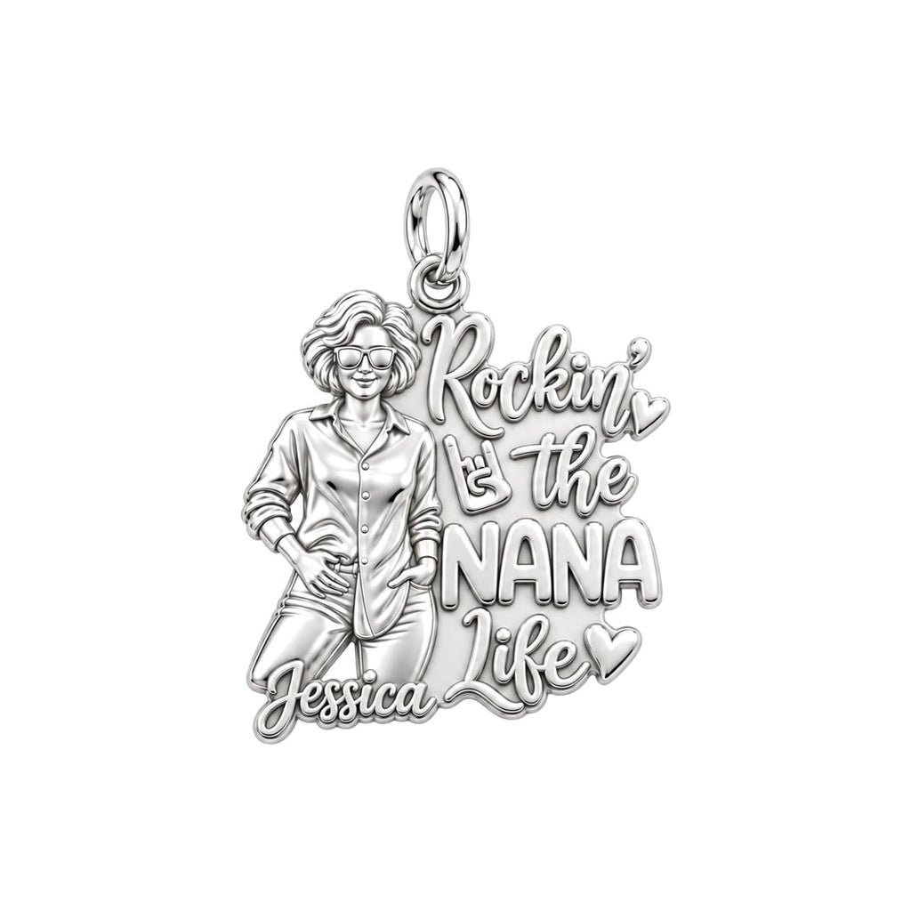 Rockin' The Life Charm Bracelet – Personalized Nana Gift – silver plated 3 cm charm, front view