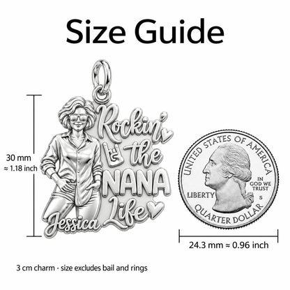 Rockin' The Life Charm Bracelet – Personalized Nana Gift – size guide, 3 cm charm next to a quarter