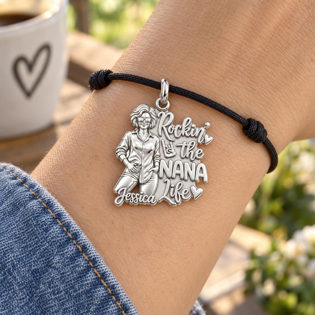 Rockin' The Life Charm Bracelet – Personalized Nana Gift – worn on the wrist on a black cord bracelet