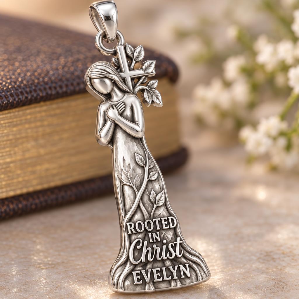 Rooted in Faith Charm Bracelet – Personalized Christian Gift – macro detail of the charm
