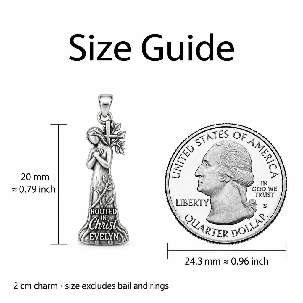 Rooted in Faith Charm Bracelet Set – size guide, 13 mm charm next to a quarter