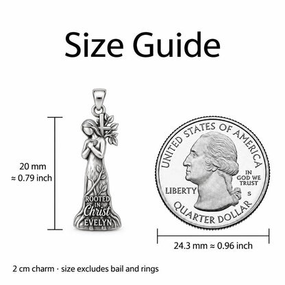 Rooted in Faith Charm Necklace Set – size guide, 13 mm charm next to a quarter