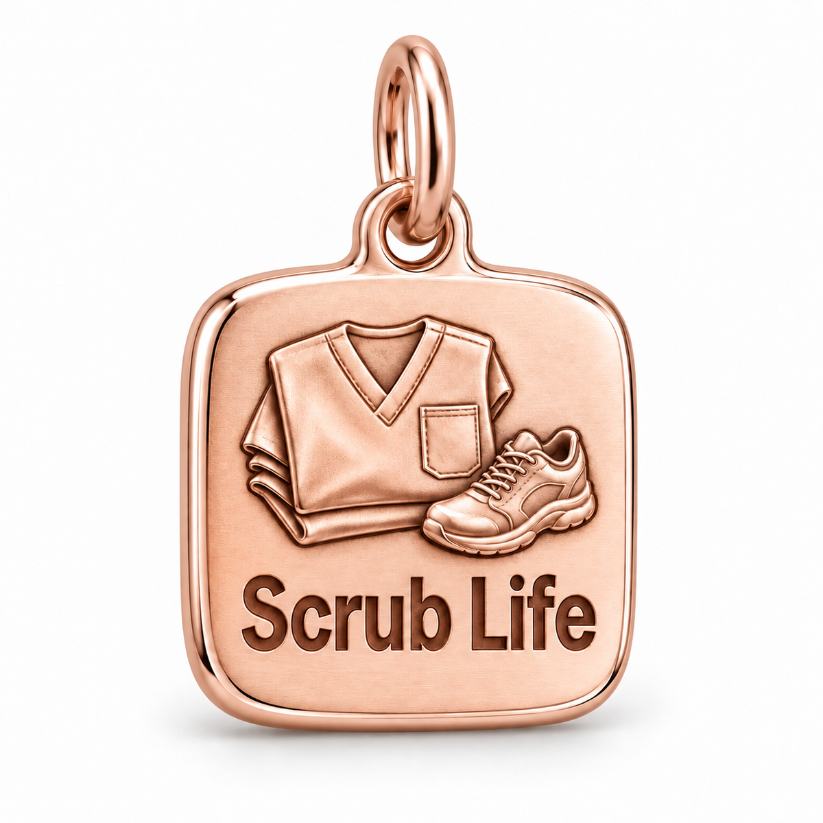 Scrub Life Folded Scrubs Engraved Nurse Charm | polished rose gold material view | 899d24ebf2fe8064b19216047f38cb99d855a6bb5f5b1d93dc9fe177ce5c1e75